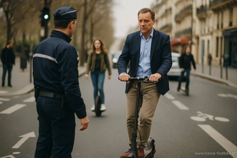 Homme en trottinette électrique contrôlé par policier