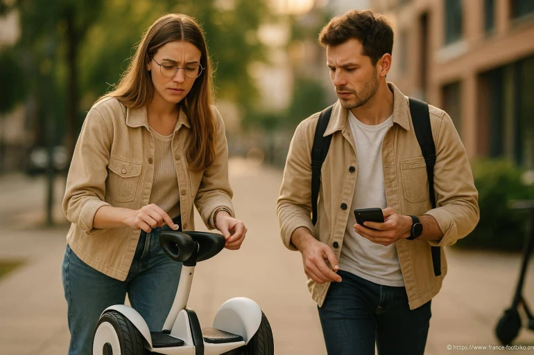 Jeune couple examine trottinette électrique