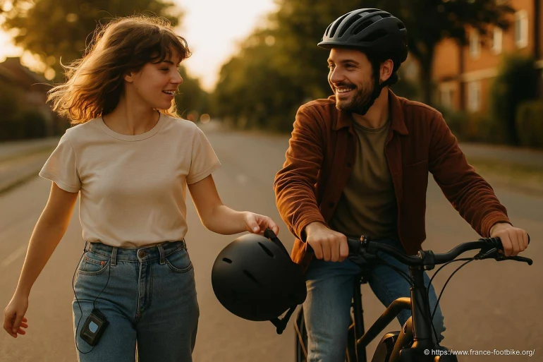 Jeune couple souriant avec casque vélo