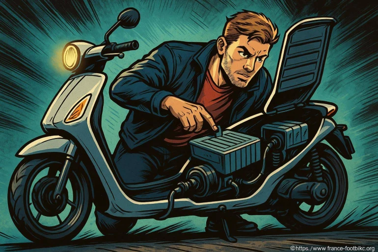 Homme réparant batterie de scooter électrique