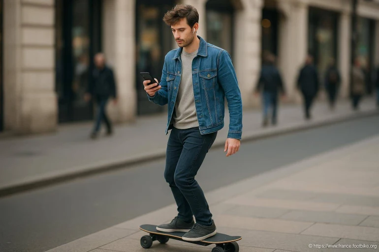 Jeune homme en skate électrique et smartphone