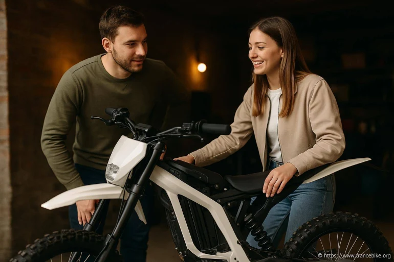 Jeune couple examinant une moto électrique