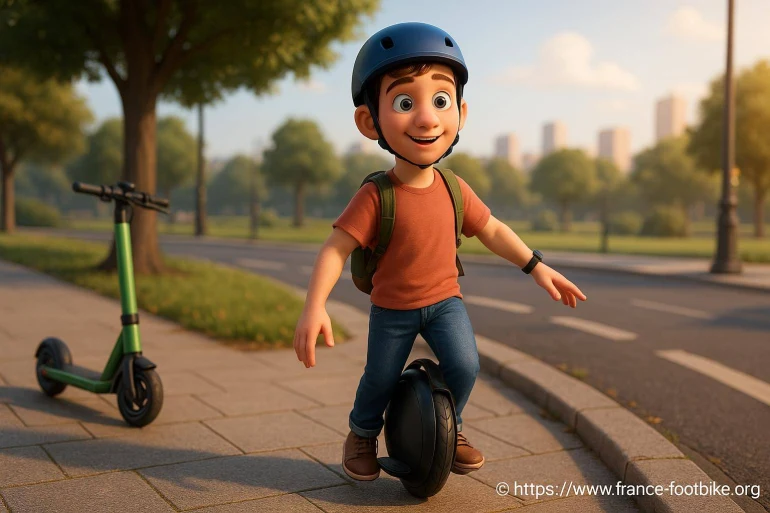 Enfant en trottinette électrique et monocycle