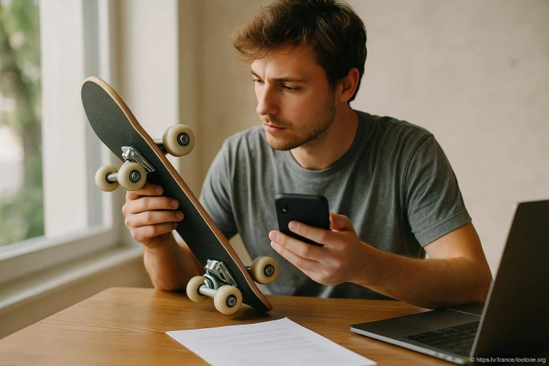 Jeune homme examinant un skateboard
