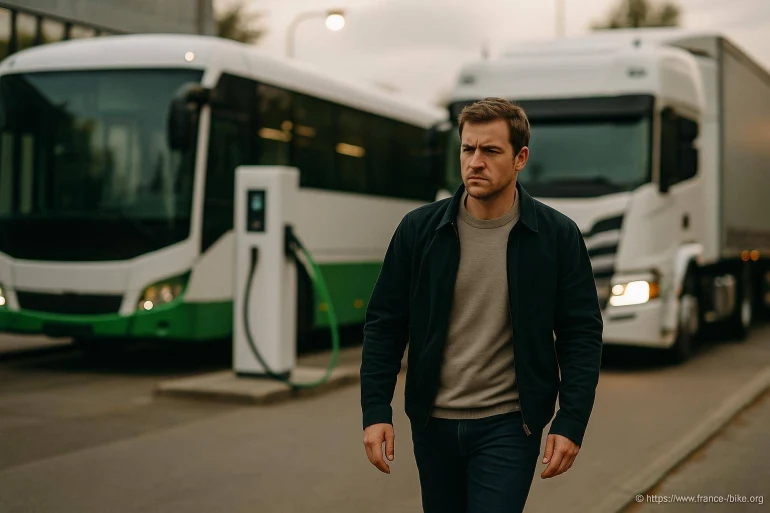 Homme devant bus et camion électriques