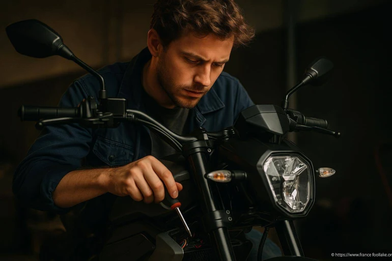 Jeune homme réparant une moto noire