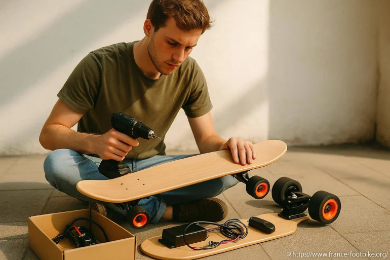 Jeune homme assemble un skateboard électrique