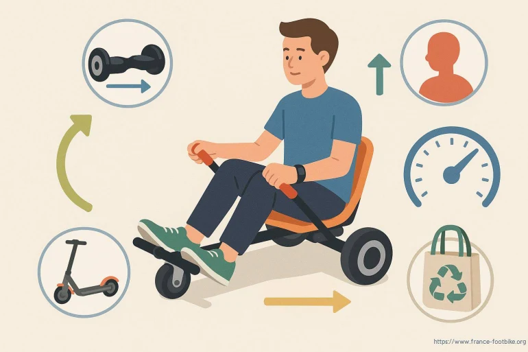 Homme sur kart électrique avec icônes explicatives