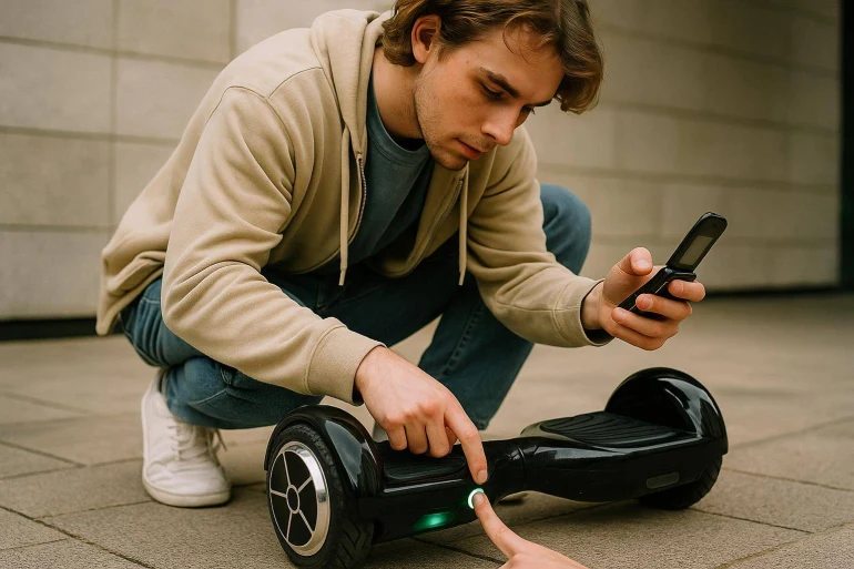 Jeune homme allumant un hoverboard noir