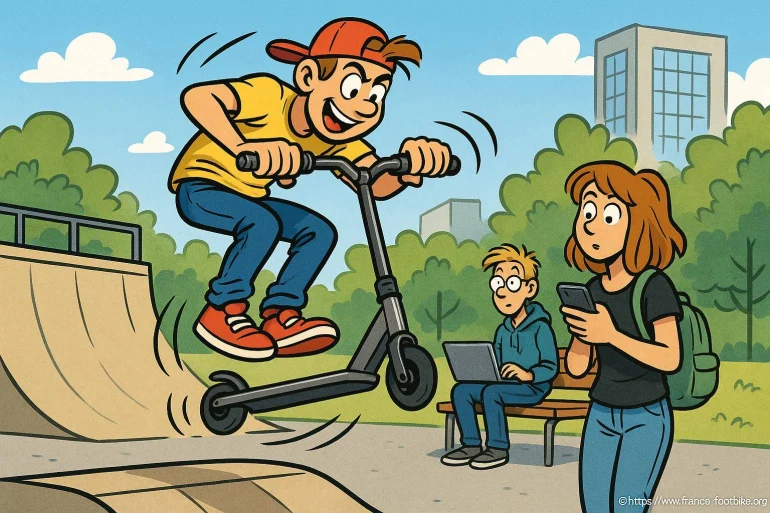 Garçon faisant un saut en trottinette au skatepark
