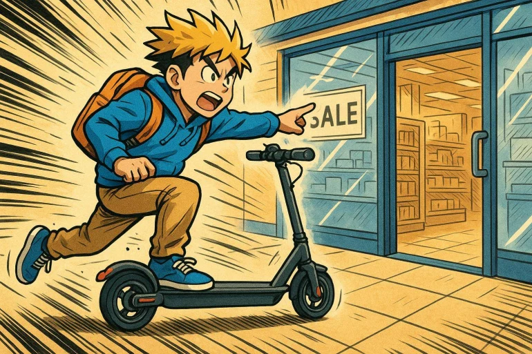 Jeune garçon pressé sur trottinette électrique