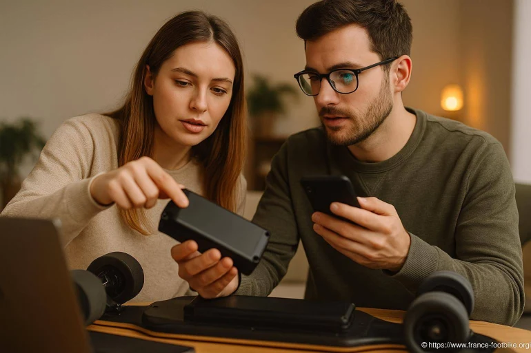 Couple examinant batterie skateboard électrique