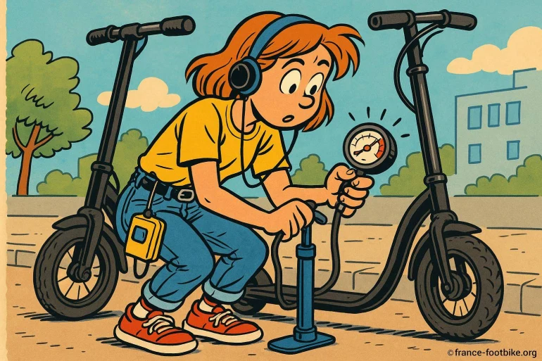 Jeune fille gonfle pneus trottinettes électriques