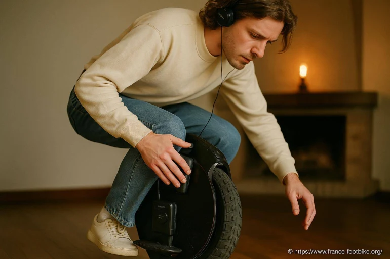 Homme en sweat beige avec monoroue électrique