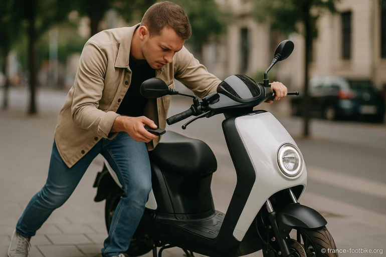 Homme utilisant smartphone près scooter électrique