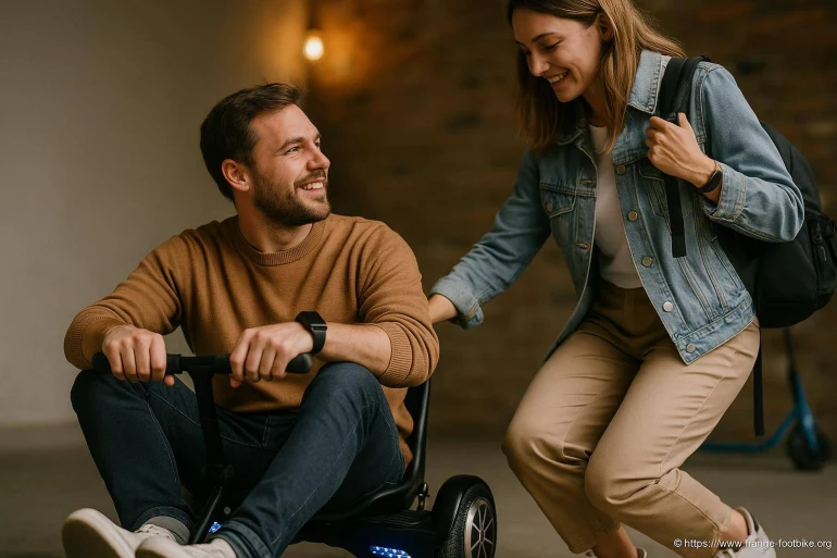Jeune homme sur hoverboard souriant avec amie