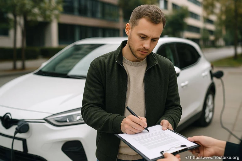 Homme signant document près voiture électrique