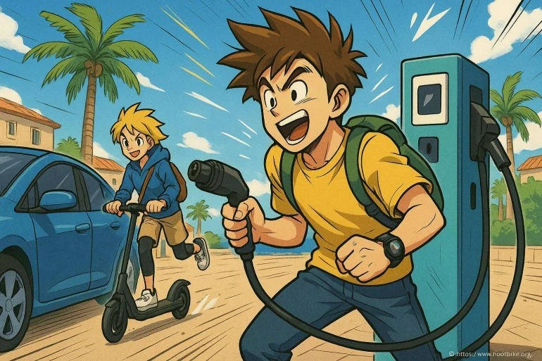 Jeunes utilisant trottinette électrique et borne de recharge