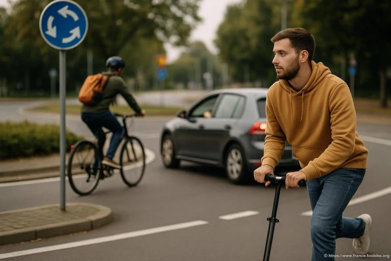 Homme en trottinette près d'un rond-point