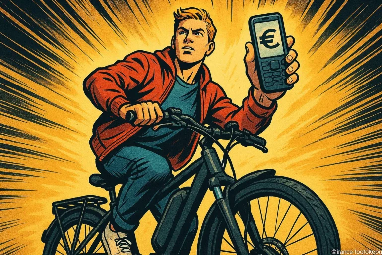 Jeune homme à vélo tenant téléphone euro