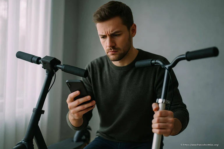 Homme concentré avec trottinettes électriques