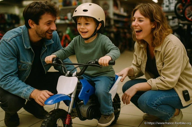 Enfant avec casque sur mini moto électrique