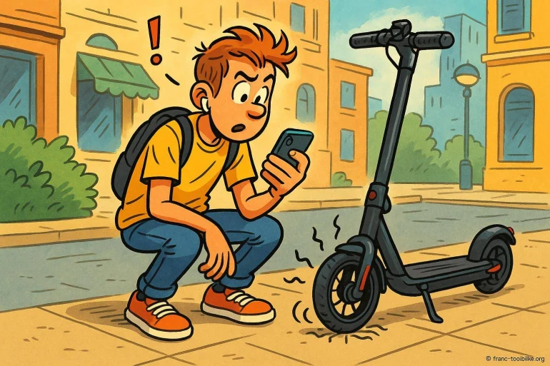 Jeune homme surpris trottinette électrique crevée