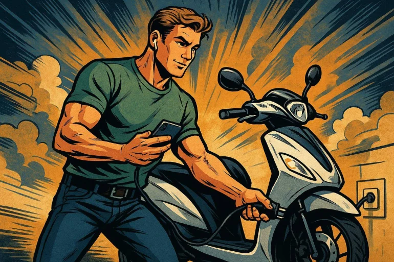 Homme rechargeant un scooter électrique