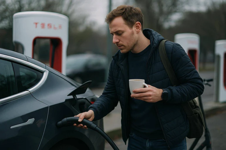 Homme recharge voiture électrique Tesla