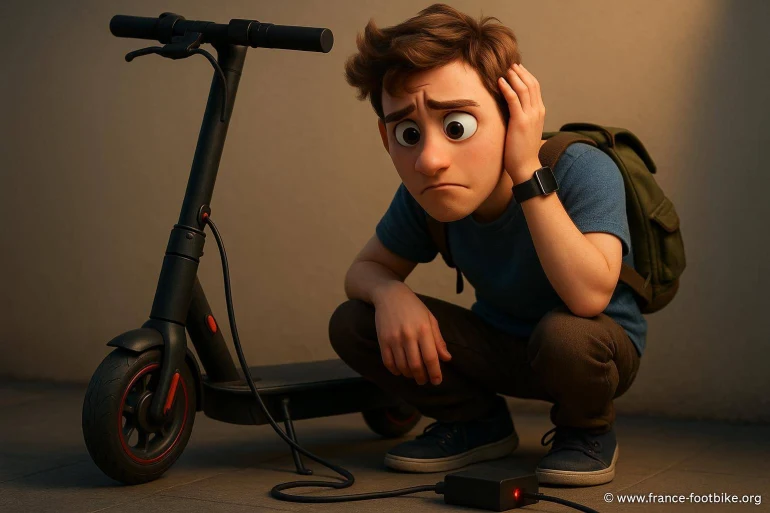 Jeune homme triste devant trottinette électrique en charge