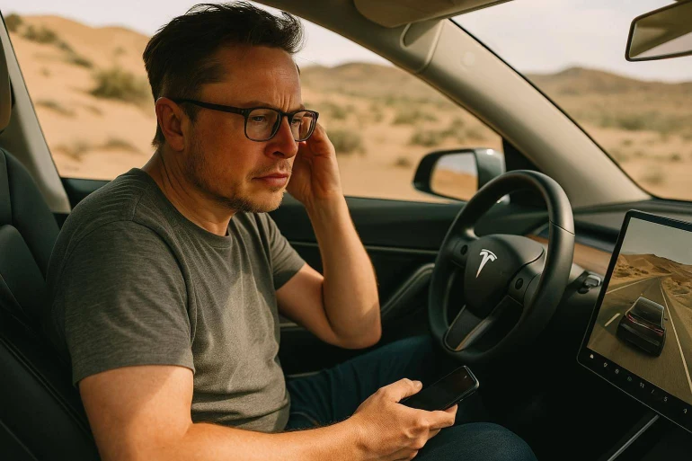 Homme dans voiture Tesla avec smartphone