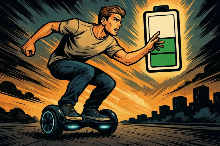 Jeune homme sur hoverboard et batterie