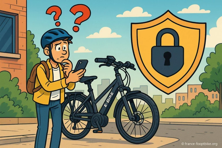 Jeune homme perplexe avec vélo électrique