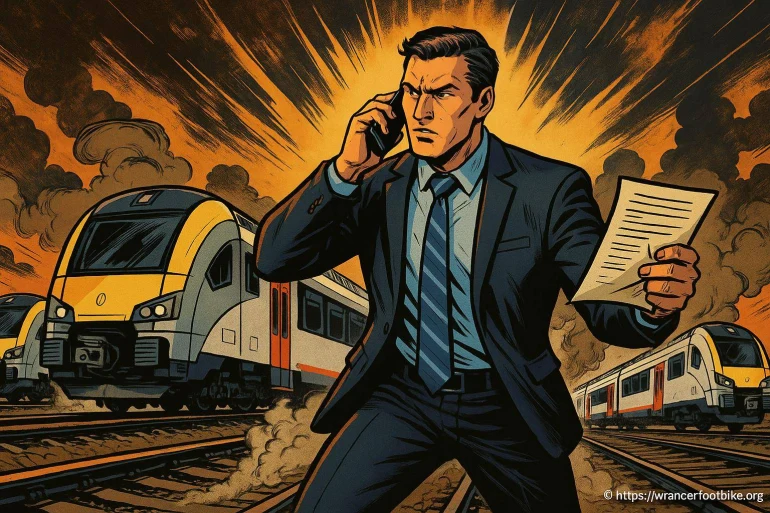 Homme en costume avec trains en arrière-plan