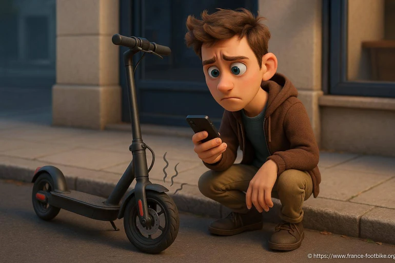 Jeune homme triste scooter électrique en panne