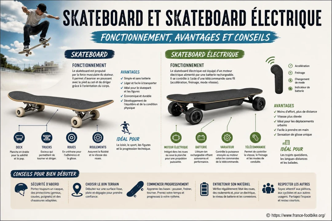 Skateboard et skateboard électrique : fonctionnement, avantages et conseils