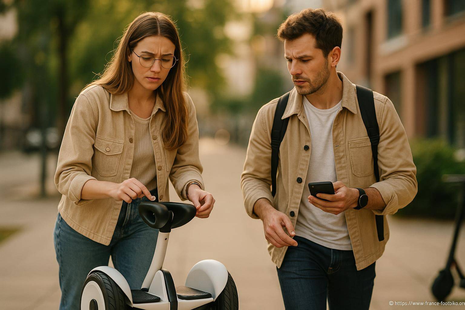 jeune couple examine trottinette électrique