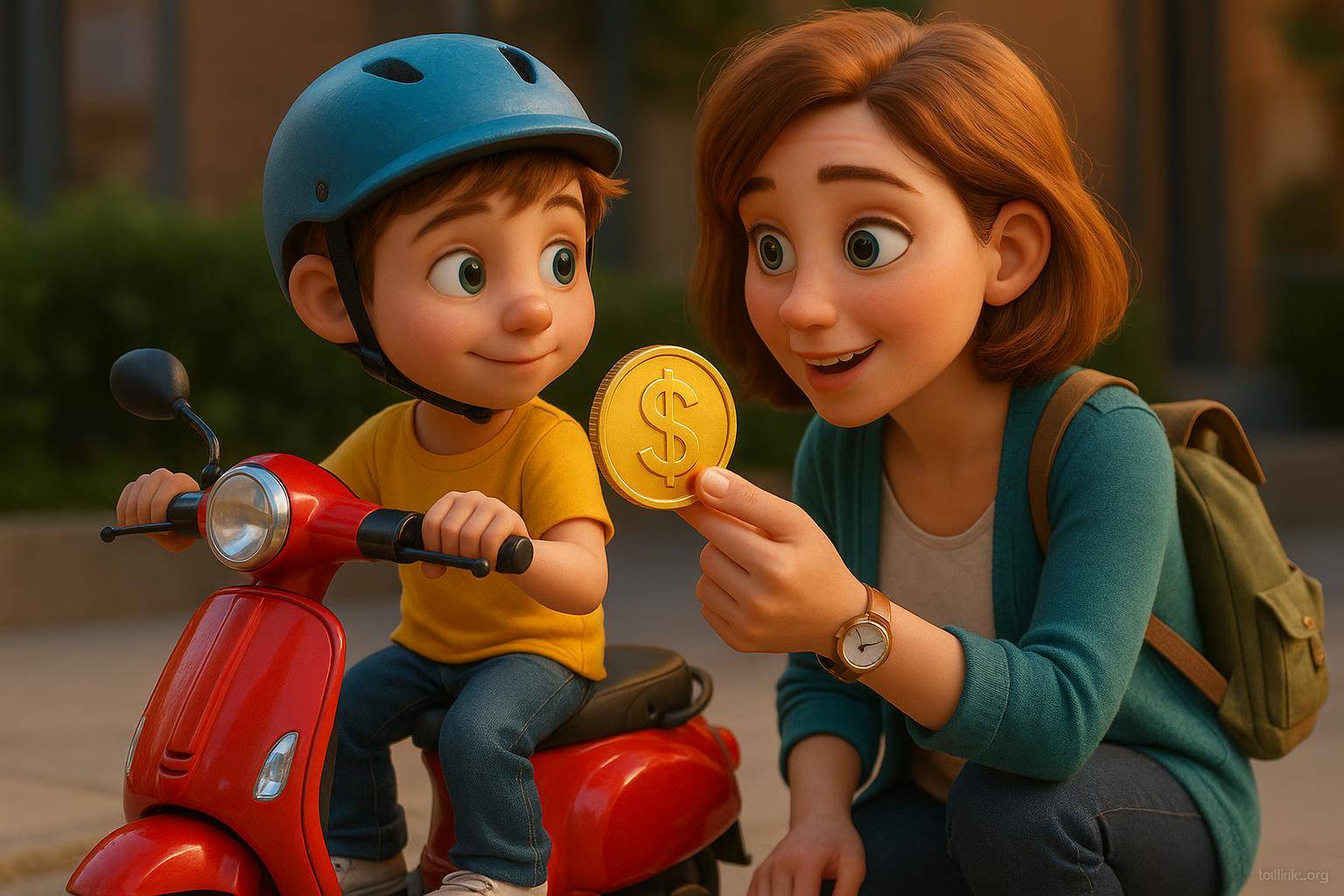 enfant avec casque sur scooter rouge et femme avec pièce