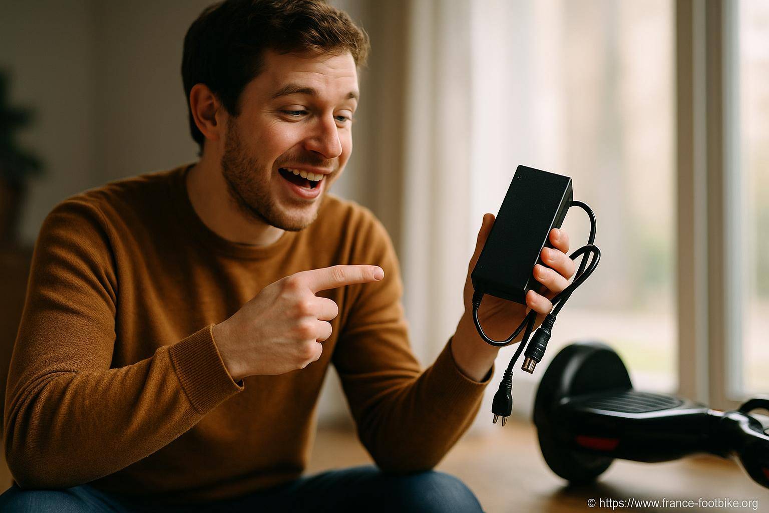 Homme souriant tenant chargeur hoverboard