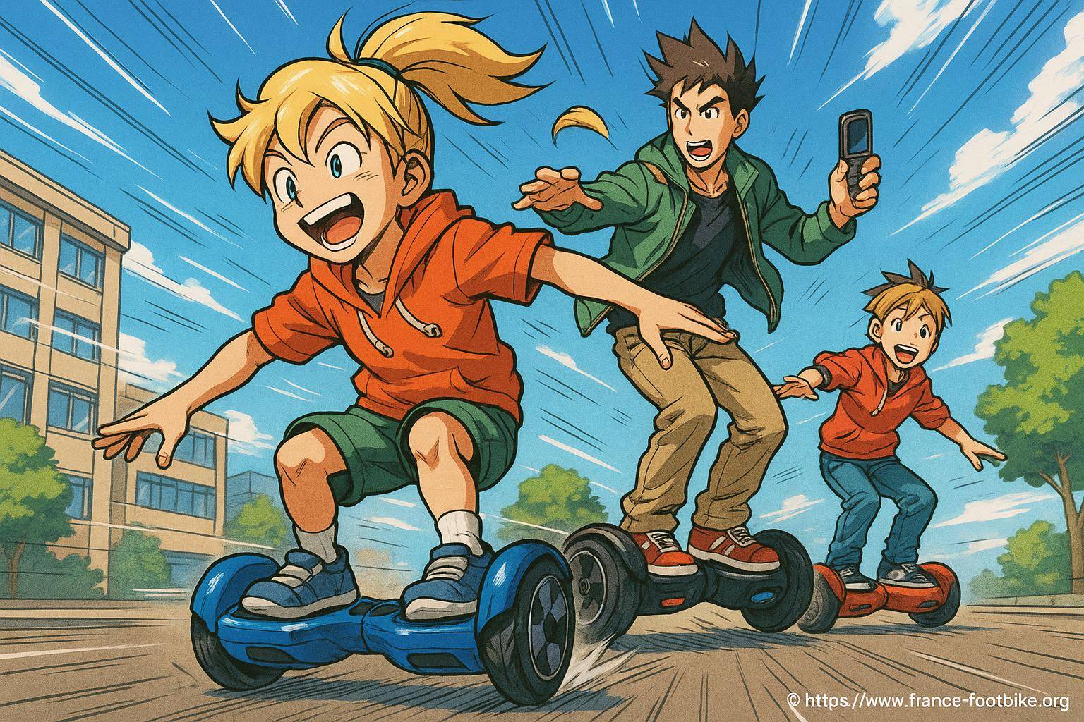 Trois jeunes sur hoverboards en ville