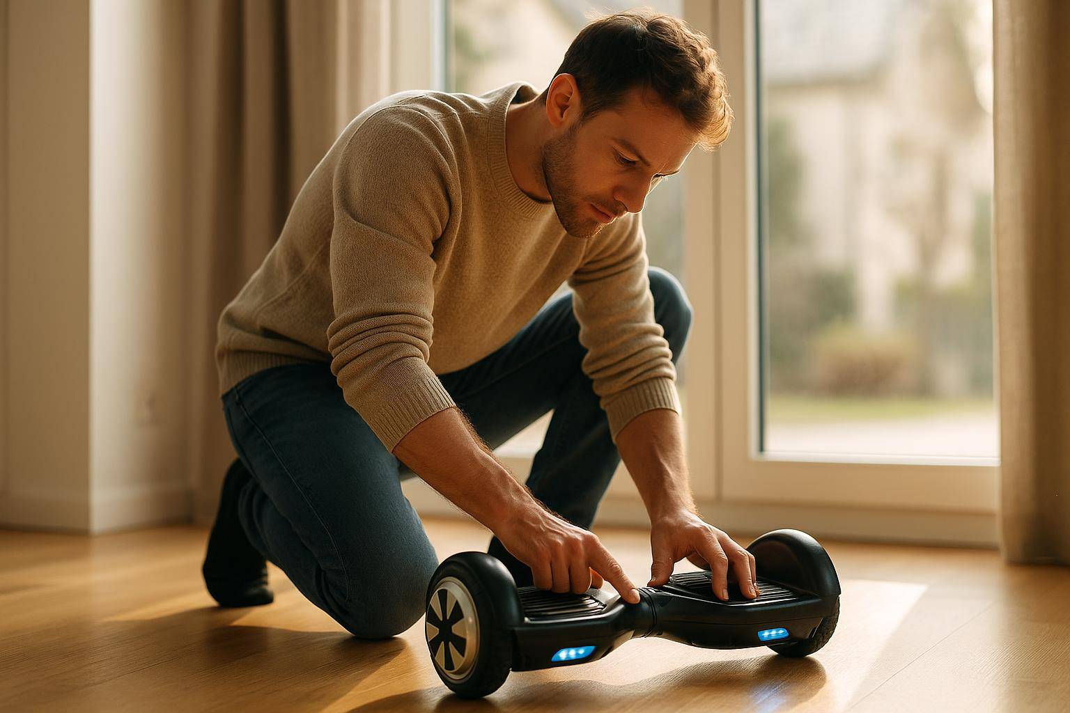 Homme testant un hoverboard noir