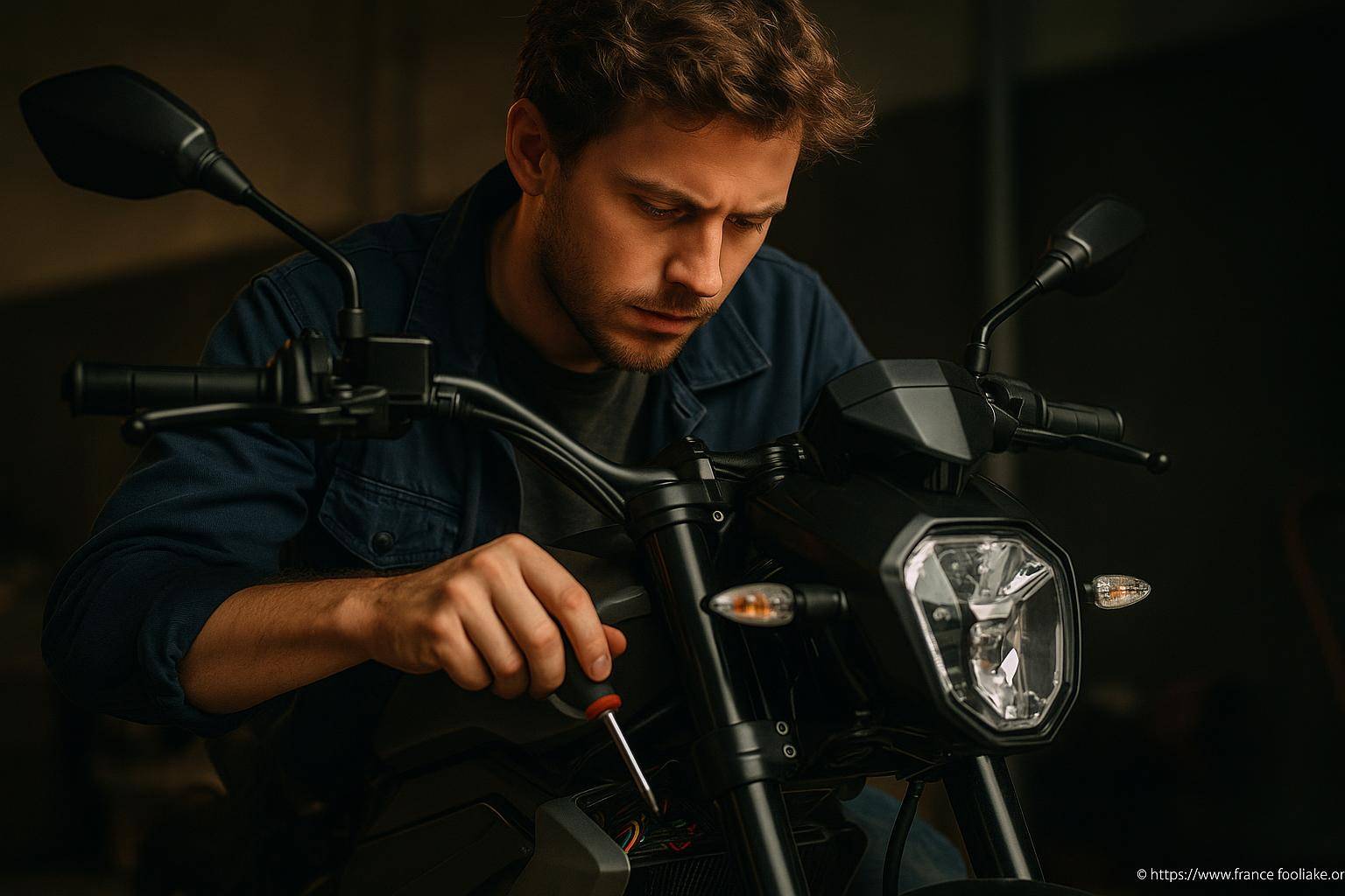 Jeune homme réparant une moto noire