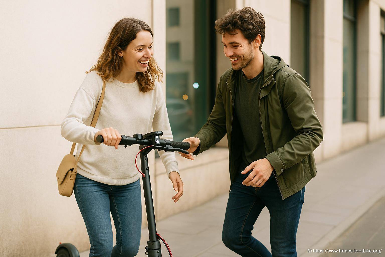 Jeune couple souriant avec trottinette électrique