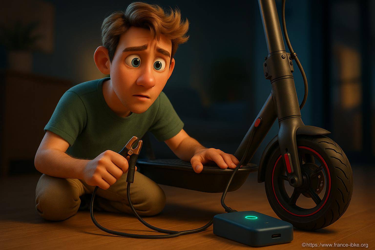 jeune homme réparant trottinette électrique