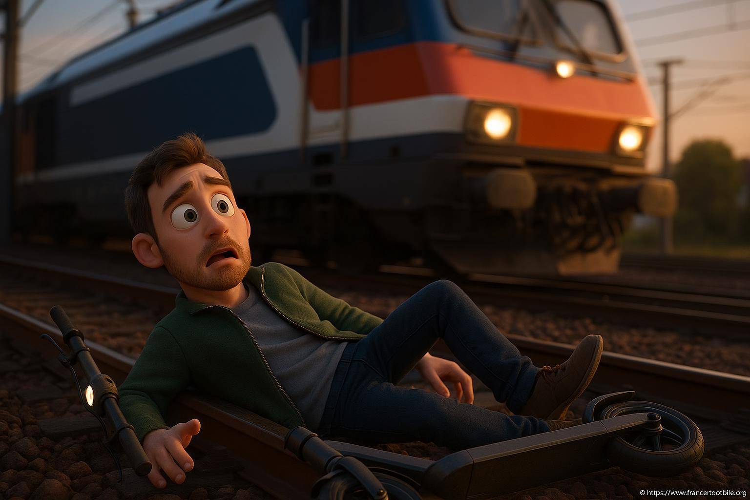 Homme effrayé sur voie ferrée avec trottinette