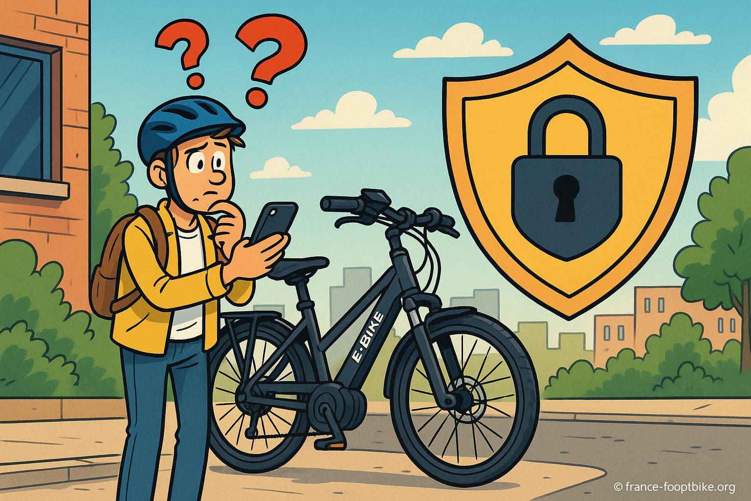 jeune homme perplexe avec vélo électrique