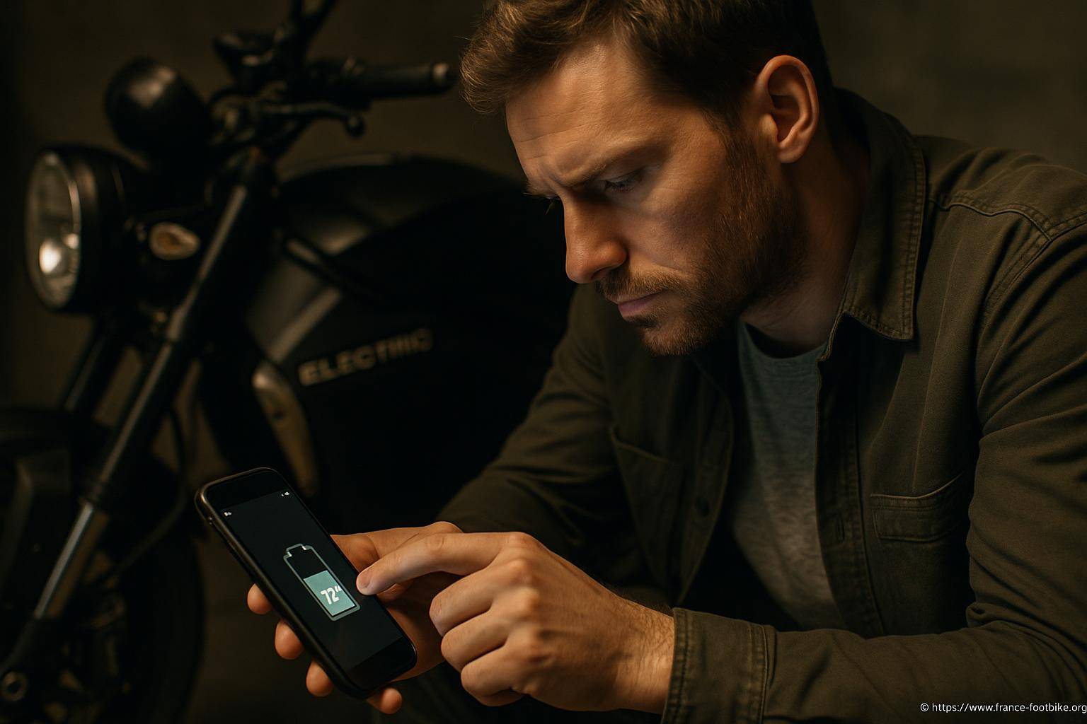 Homme vérifiant batterie moto électrique sur smartphone
